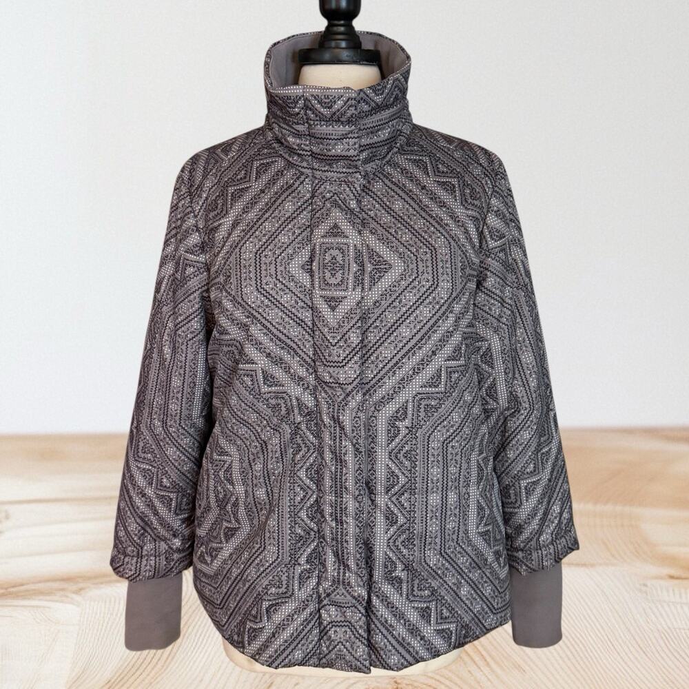 Prana Lilly Puffer Jacket Coat Sz L Women Gray Bandana Print Vegan Zip and Snaps
